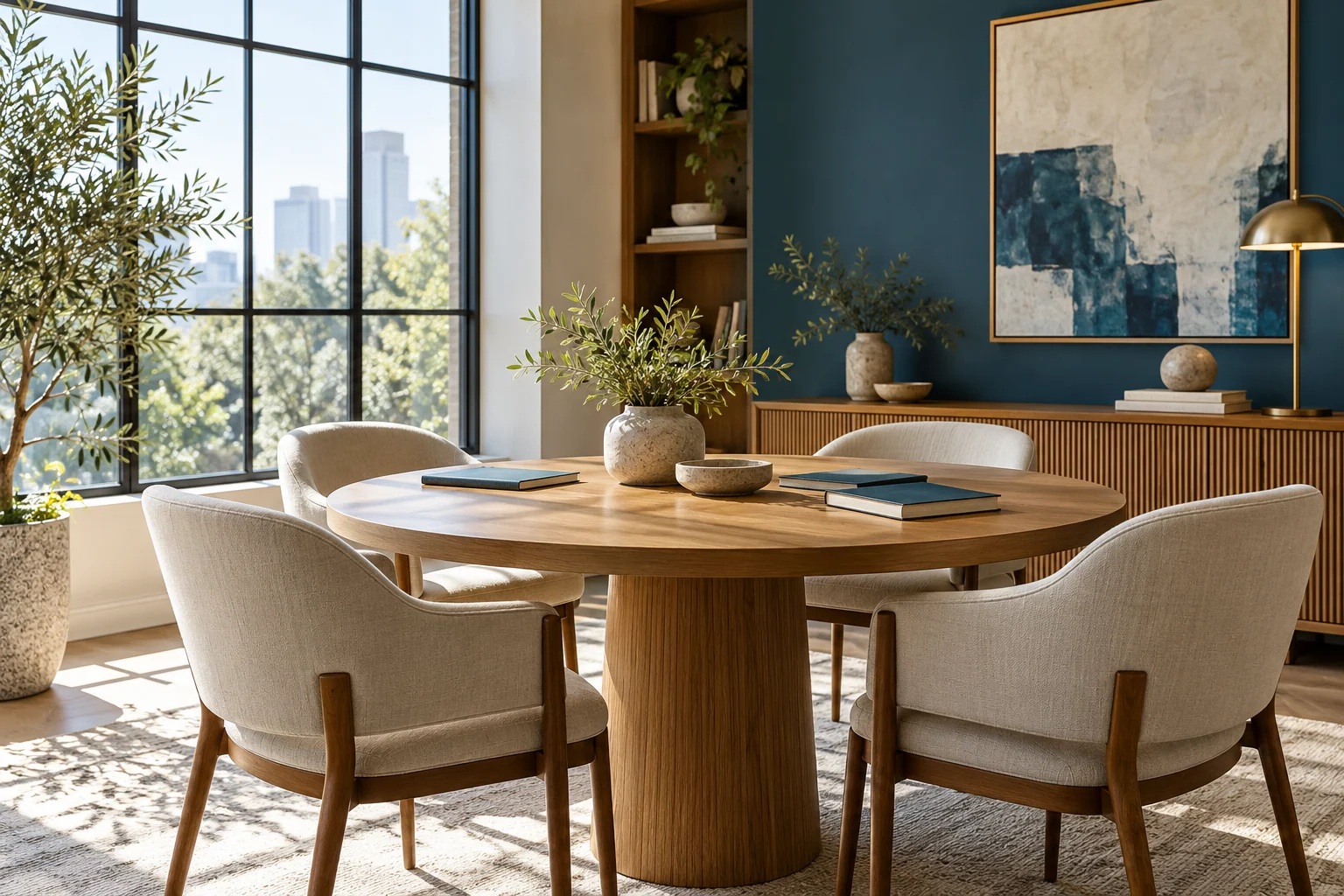 AI-created editorial illustration: A refined small professional office with a round oak meeting table, closed blank notebooks and generous daylight.